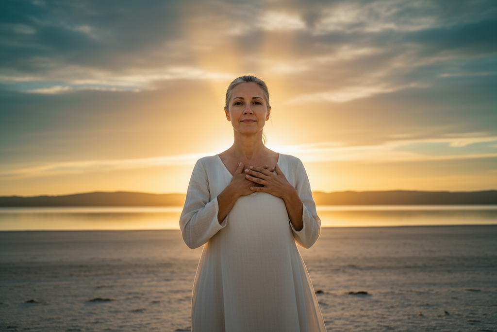 A calm, confident woman in her late 40s to early 60s standing at the edge of a softly lit horizon at sunrise, facing forward with grounded strength and quiet assurance. Her posture is relaxed yet steady, hands gently at her sides or resting over her heart. The scene feels peaceful, expansive, and safe — not dramatic or forced.
Color palette: soft sky blue, muted teal, warm ivory, gentle gold highlights.