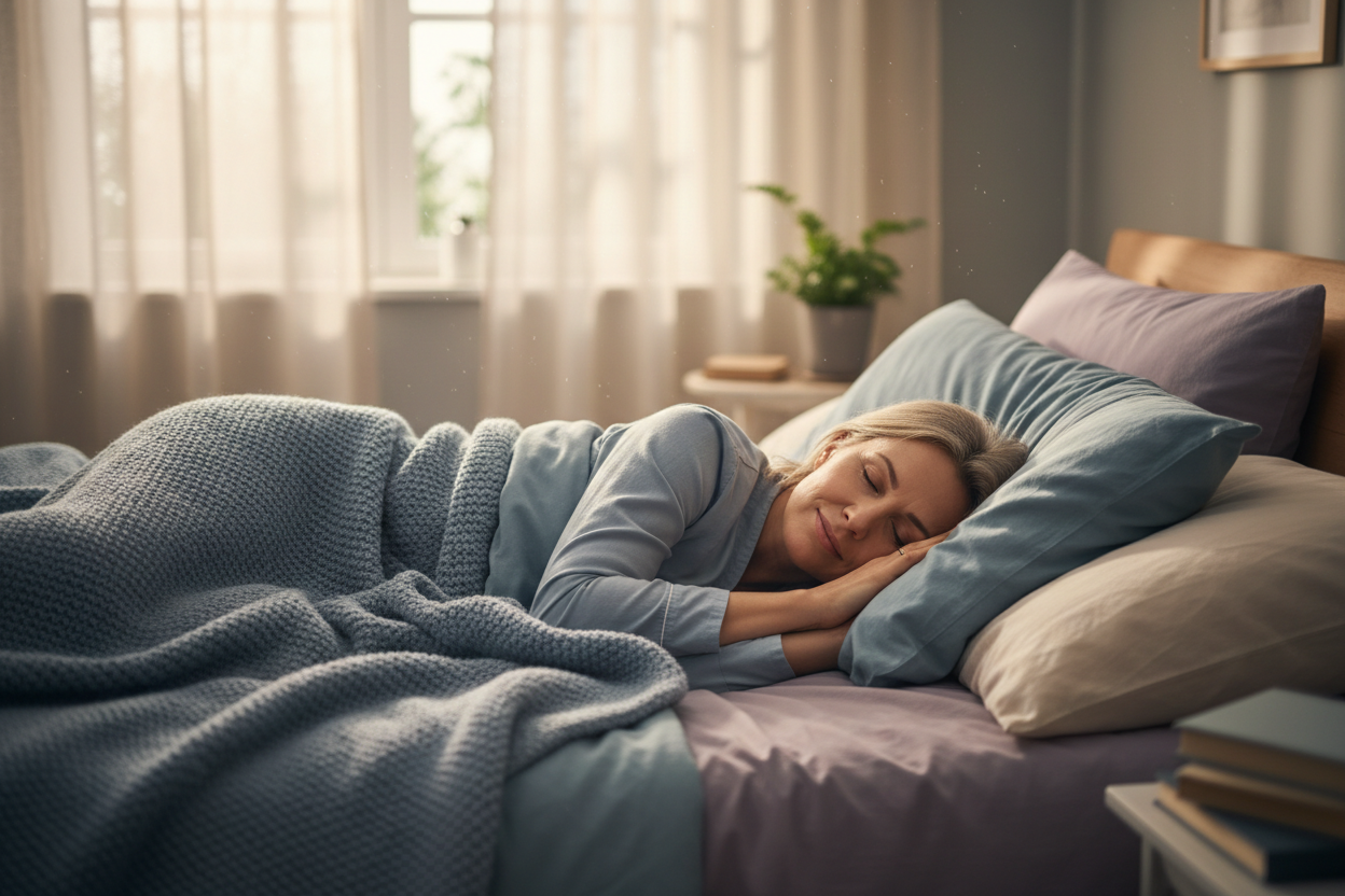 a woman aged between 40-60 experiencing deep, restorative sleep