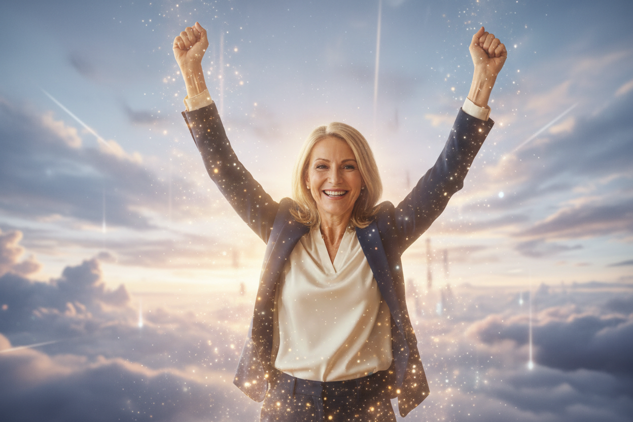 an image of a middle aged woman achieving success