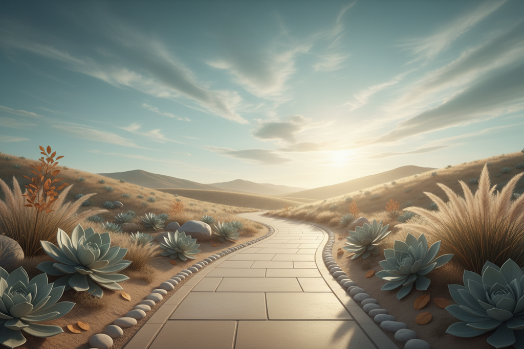 An open, gently curving path leading forward through soft morning light, surrounded by calm natural elements — sky, light clouds, subtle greenery. The path feels inviting, steady, and safe.
No visible destination — only direction.
Color palette: sky blue, teal, soft sand, warm gold accents.
Mood: clarity, trust, calm forward movement, inner alignment.
Minimalist, elegant, trauma-informed design with space for text overlay.
Designed as a premium hypnosis cover for women over 40 redefining success on their ow